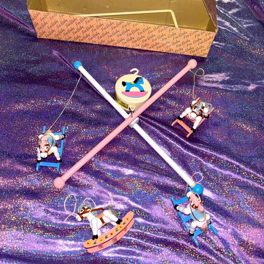 Vintage Japan Enesco Pink /Blue Rocking Horse Musical Crib mobile
